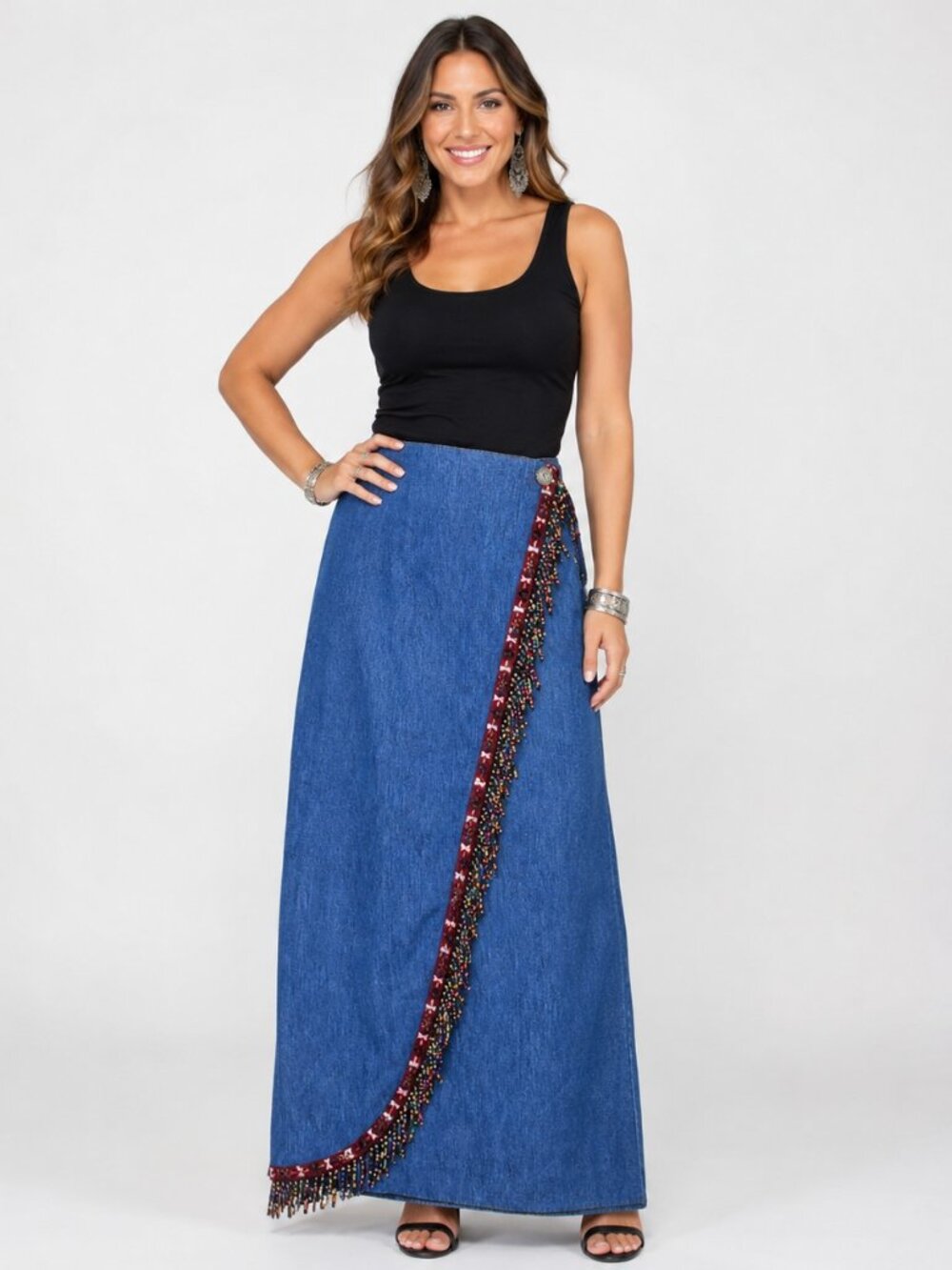 VTG Pine Cove Denim Wrap Maxi Skirt 10 Aztec Fringe Western Boho Trendy Y2K